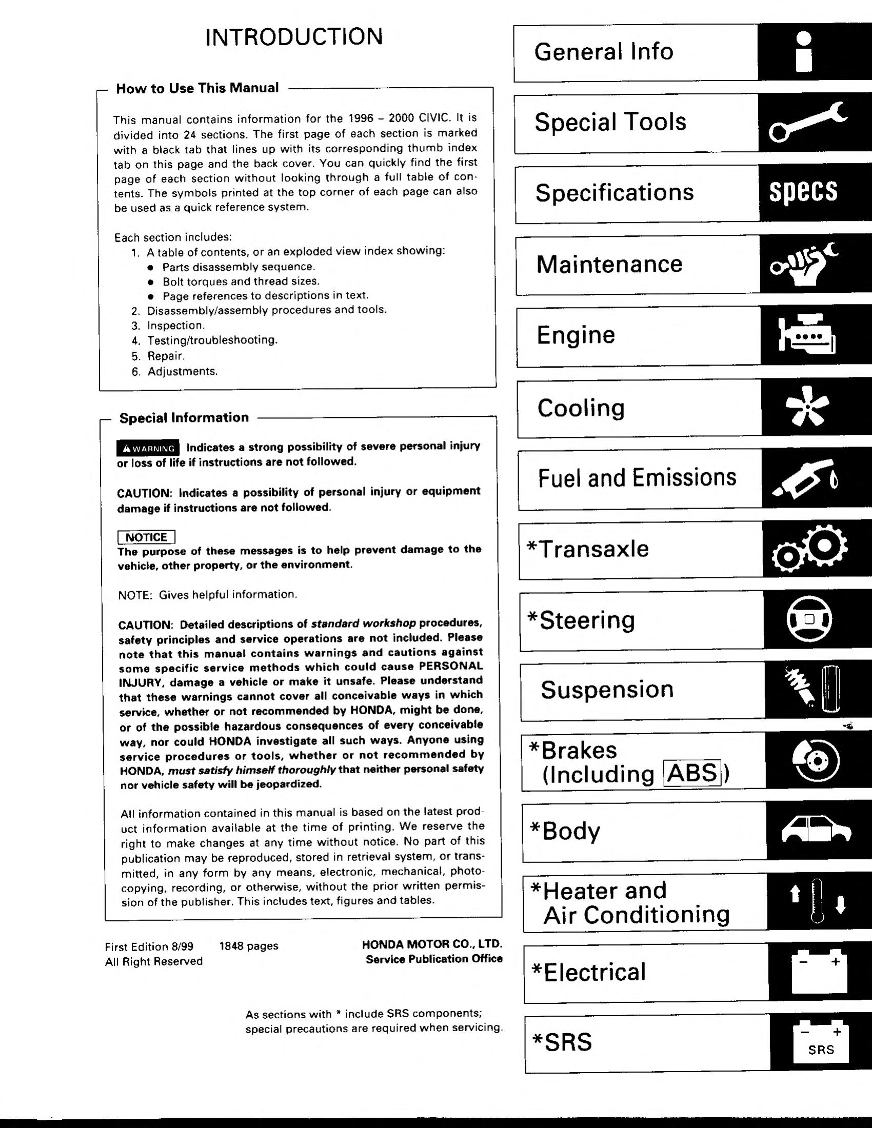 Honda Civic 1996-2000 Service Manual : Honda Motor Co : Free Download,  Borrow, and Streaming : Internet Archive